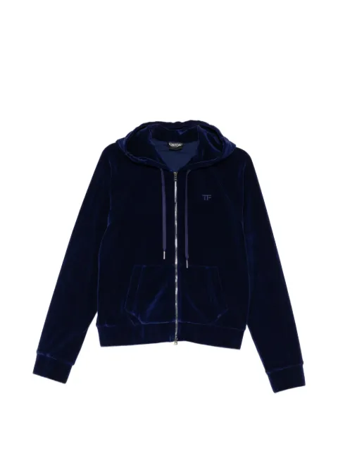 TOM FORD velour tonal TF embroidered zip hoodie