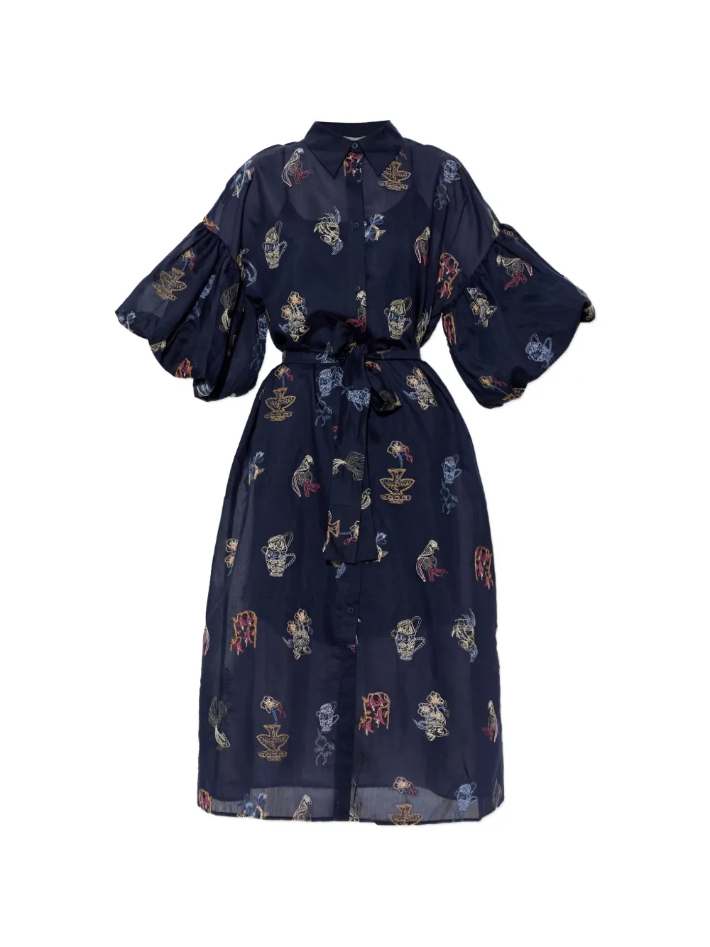 MUNTHE Nalmetto embroidered balloon-sleeve midi dress - Blu