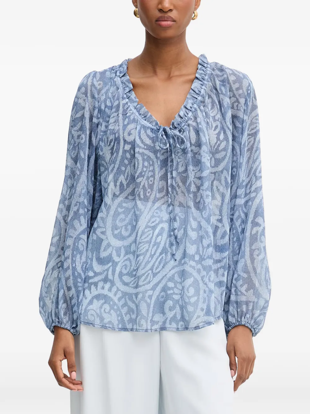 Morgan Paisley-print Ruffled Blouse In Blue