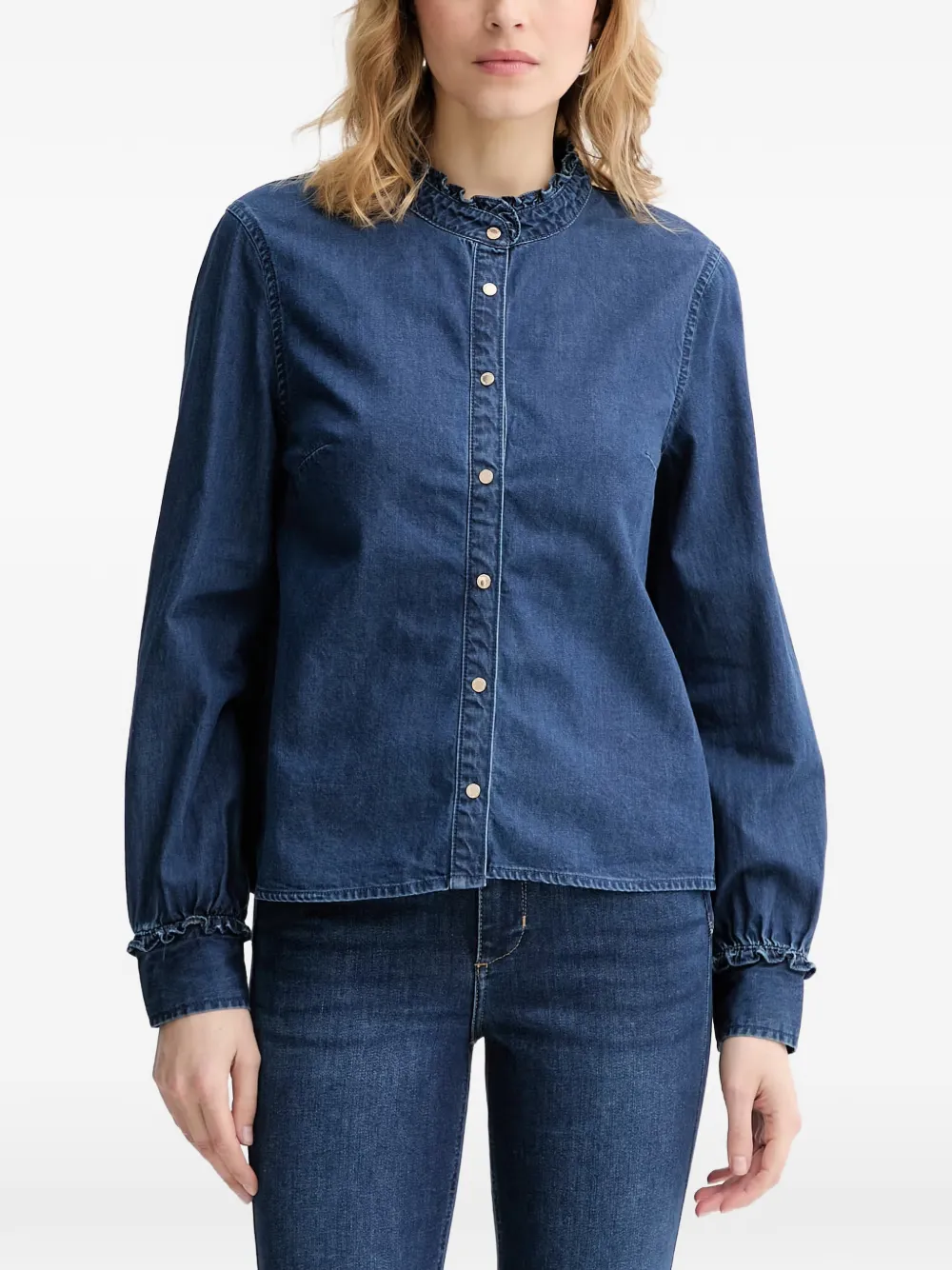 Morgan Ruffled-collar Denim Shirt In Blue