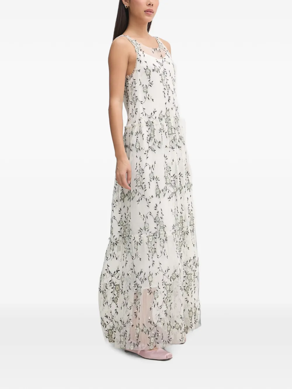 MUNTHE Maxi-jurk met geborduurde bloemen Wit