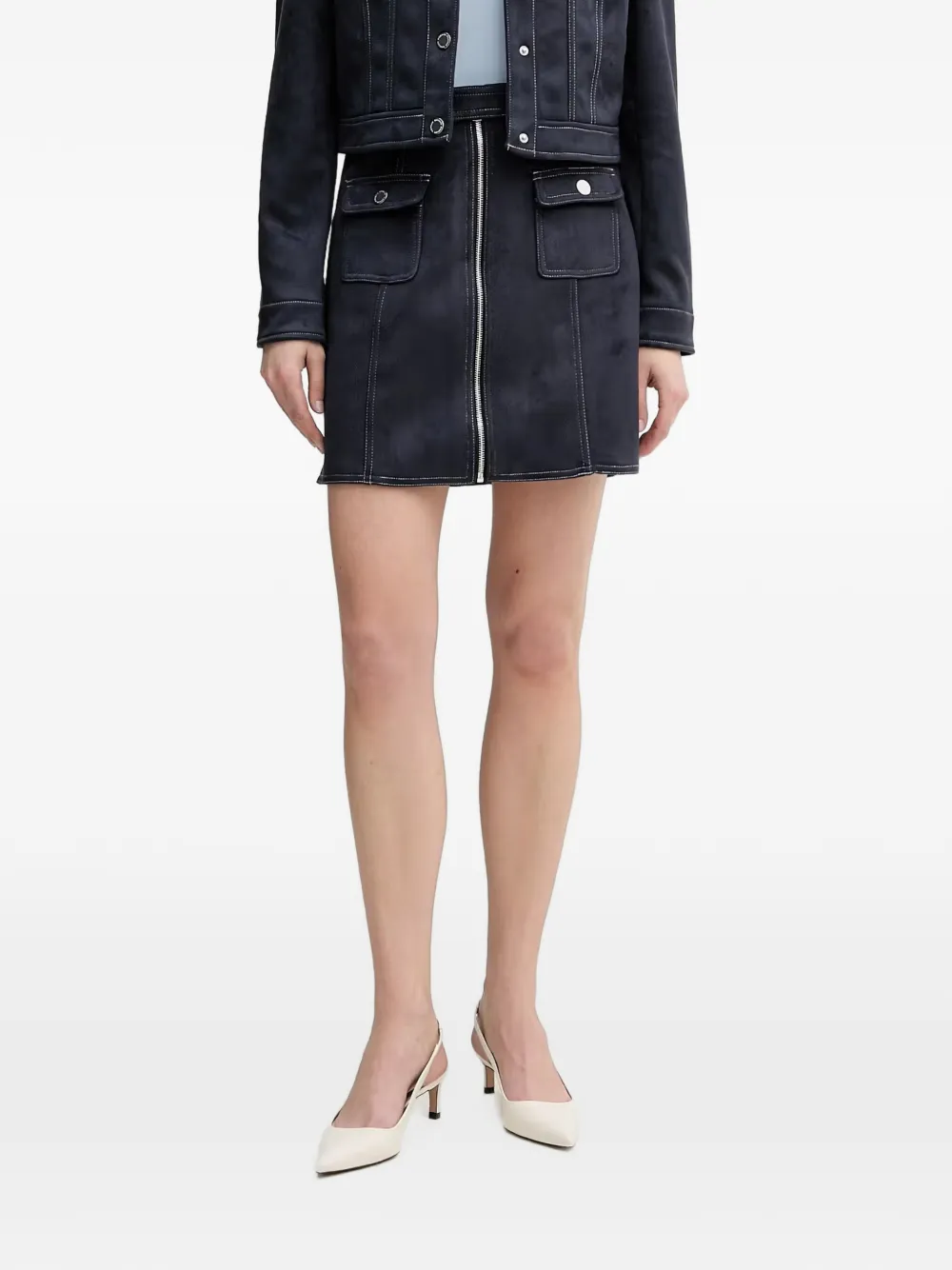 Morgan contrast-stitch zip-front mini skirt