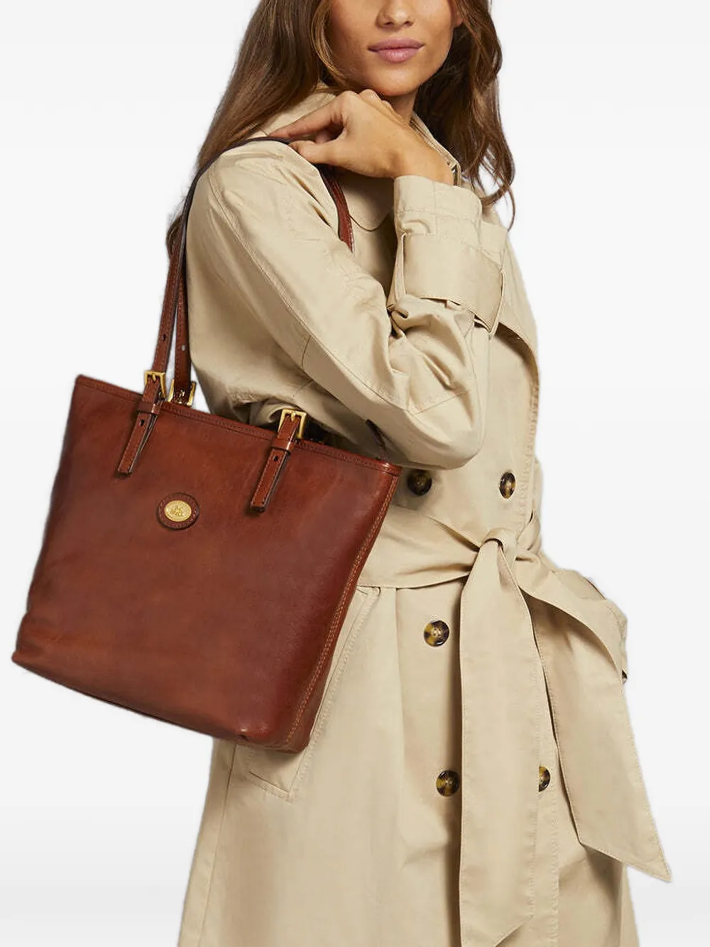 The Bridge Leren shopper met gespdetail Bruin
