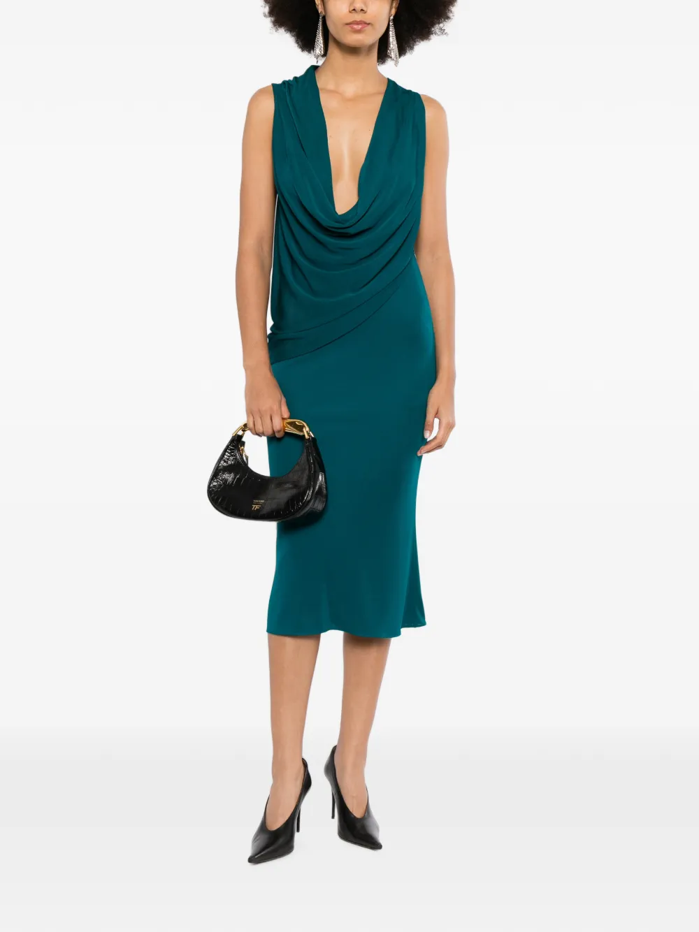 TOM FORD draped-neckline sleeveless midi dress Blauw