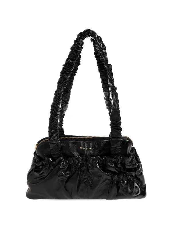 Marni Ruched Leather Shoulder Bag in Black