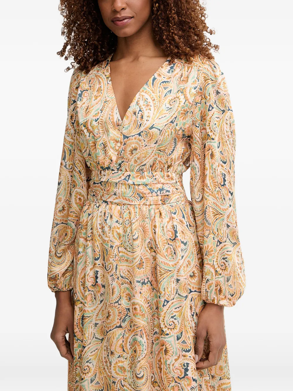 Morgan Midi-jurk met paisley-print en V-hals Beige