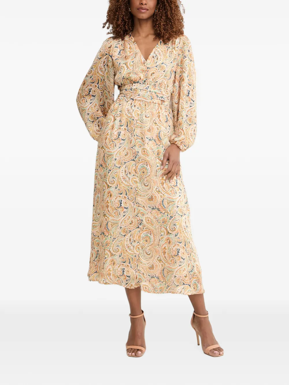 Morgan Midi-jurk met paisley-print en V-hals Beige