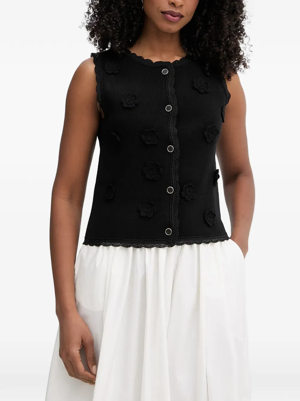 Morgan floral-appliqué lace-trim sleeveless cardigan