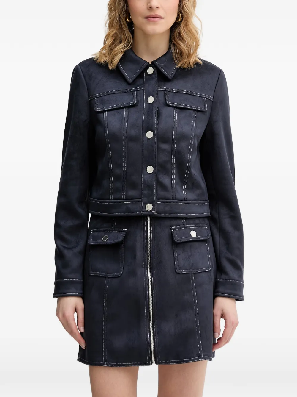 Morgan Giacca in pelle scamosciata con cuciture a contrasto - Blu