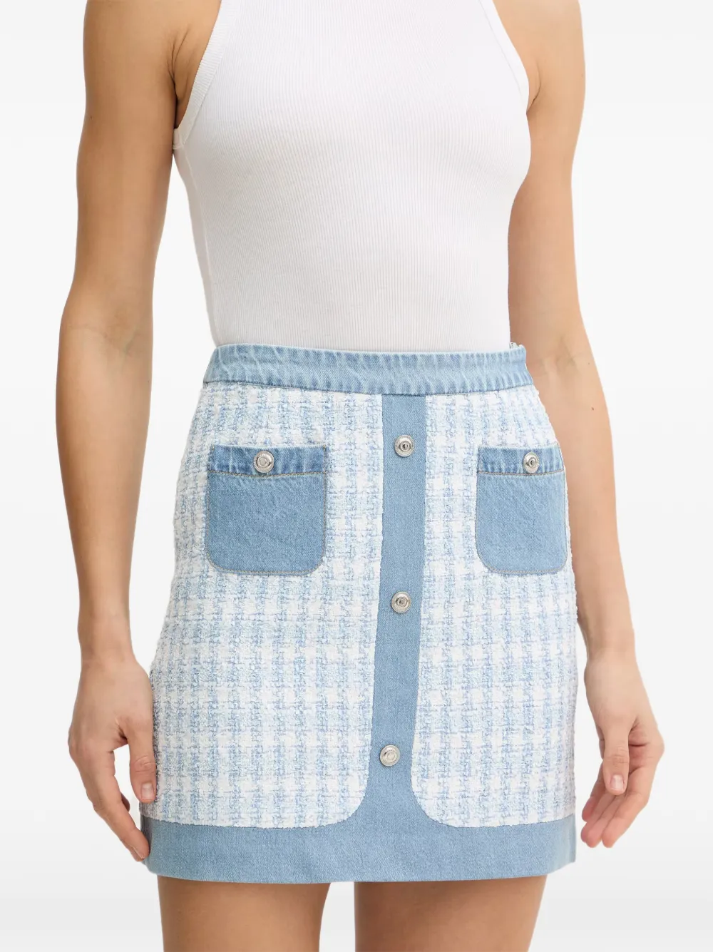 Morgan Mini-rok met denim afwerking en tweed-effect Blauw