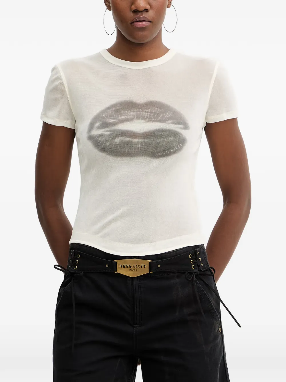 Miss Sixty lip-print flocked-texture T-shirt - Bianco