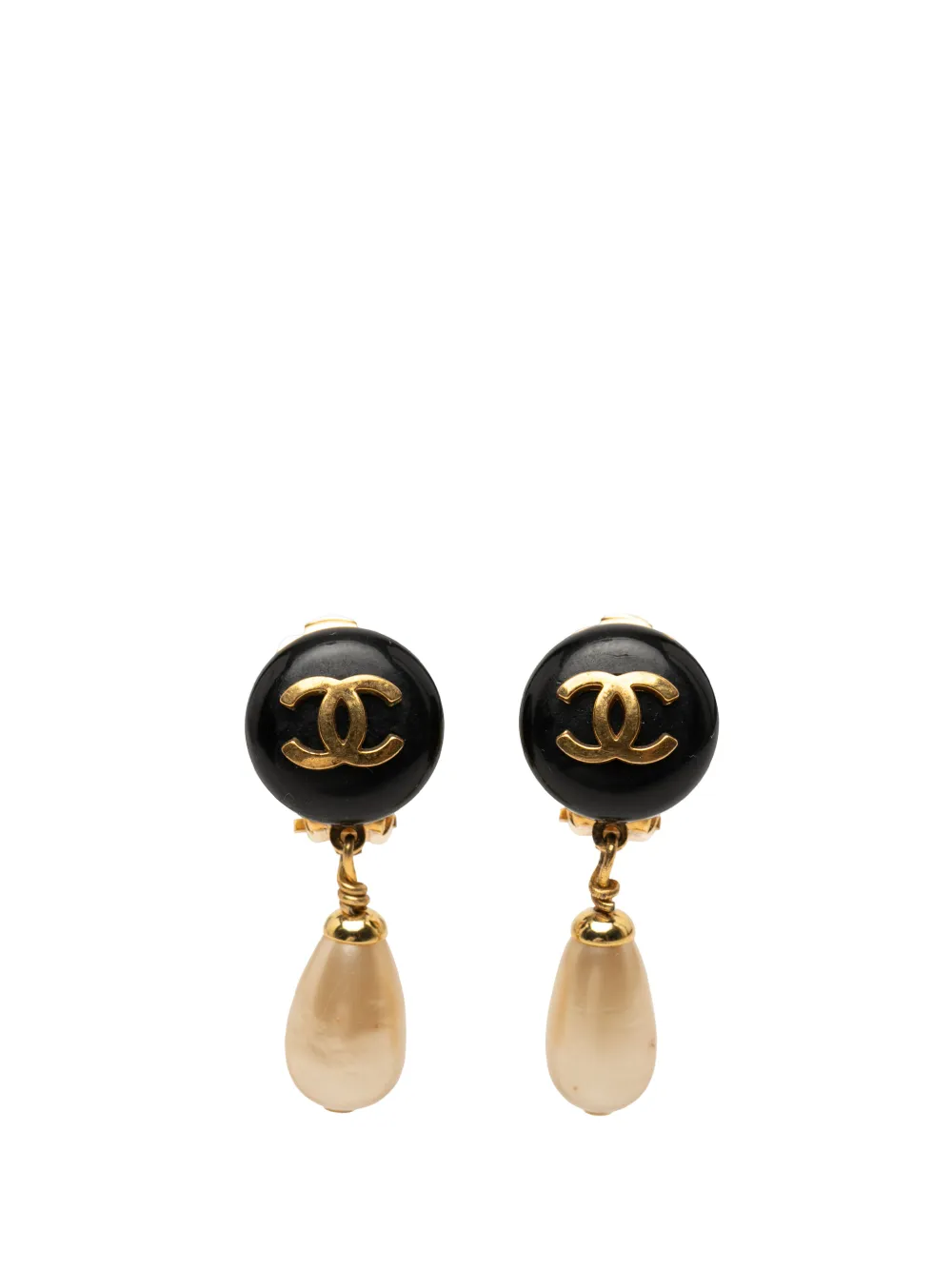 CHANEL Pre-Owned 1993 CC Gold Plated Resin and Faux Pearl Drop Clip On Earrings costume earrings - Nero