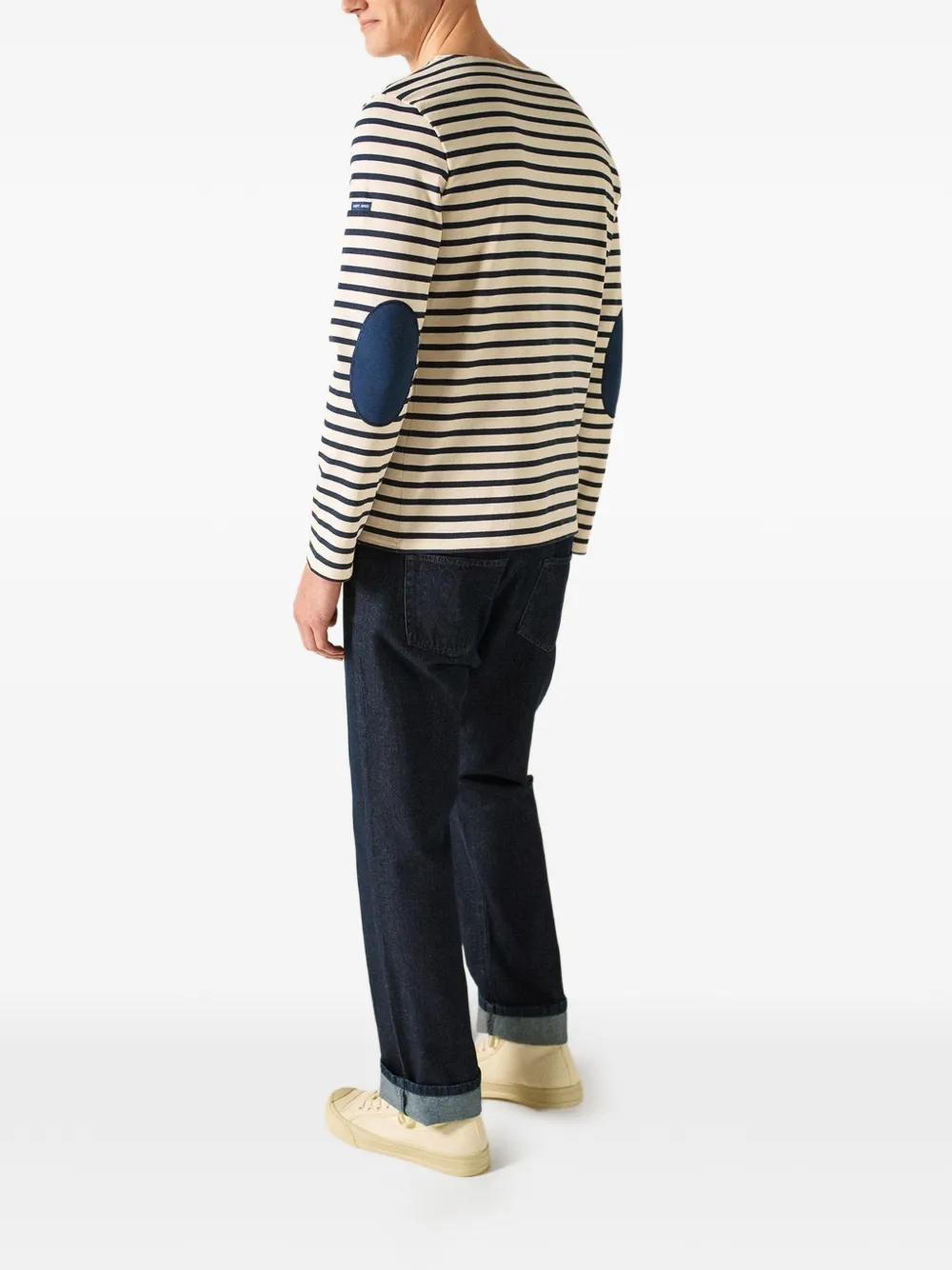 Saint James Gestreept T-shirt met elleboogpatch Beige