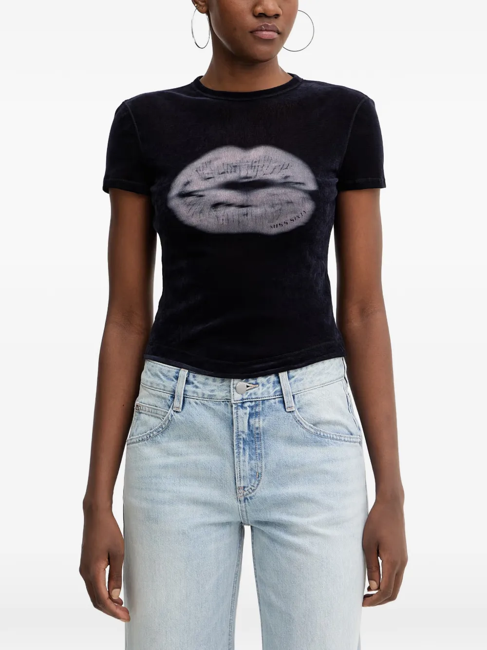 Miss Sixty lip-print flocked-texture T-shirt