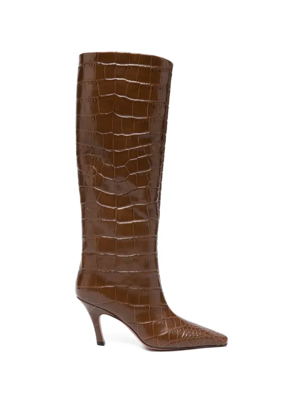 Amina Muaddi Mona Crocodile-effect Pointed-toe Boots in Brown