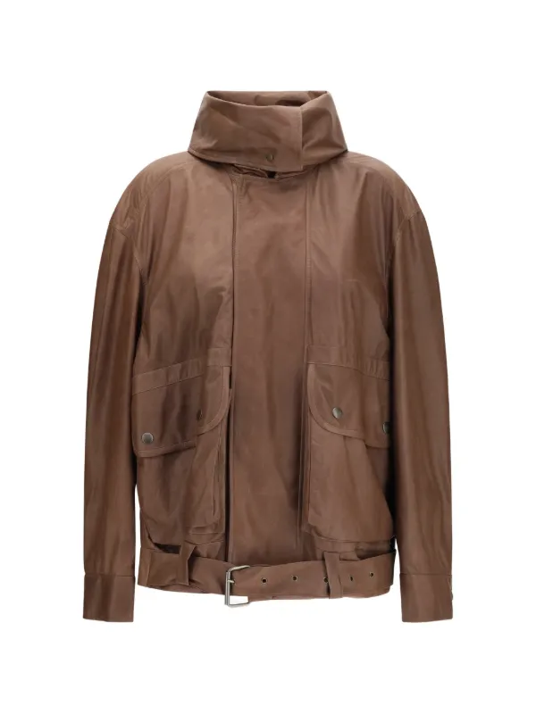 Calvin Klein Isa Belted Leather Jacket in Brown