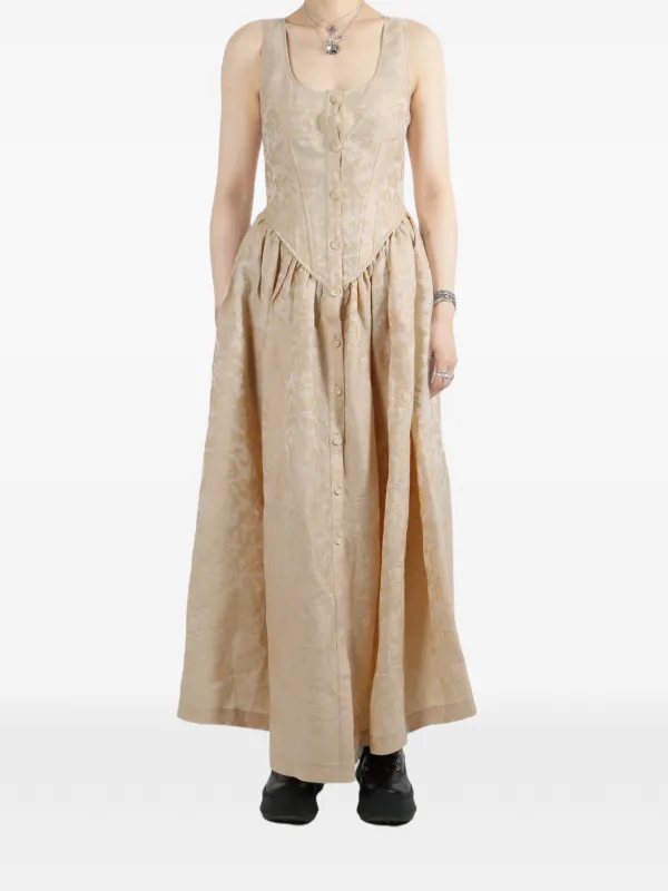uma wang dress "Anaya" Coffee Stained Slip in color Tan and a floral print pattern UMA WANG Panelled Long-sleeve Midi