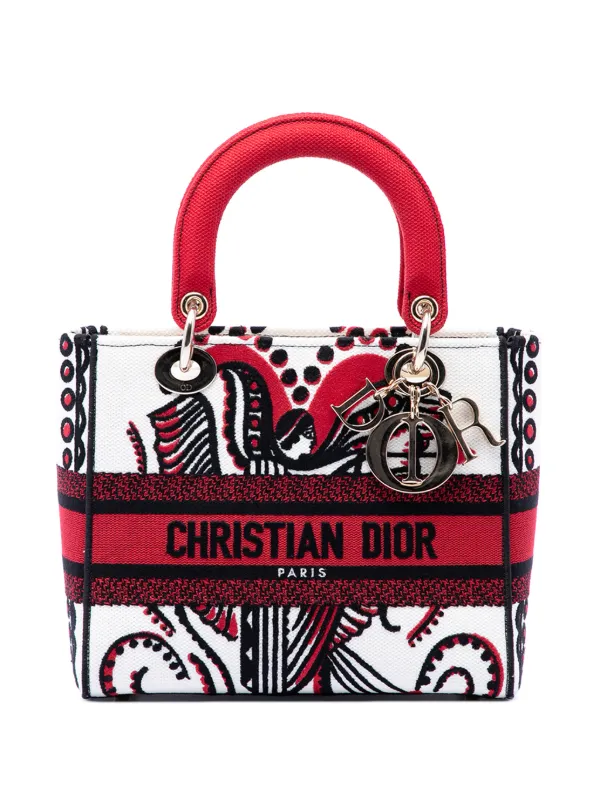 Dior Pre-owned 2021 Medium Embroidered Canvas Cupidon Lady D Lite Satchel in White
