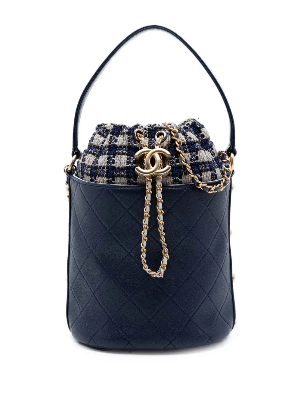 CHANEL Pre-Owned 2019 Medium CC Calfskin and Tweed Drawstring Bucket Bag satchel - Blau