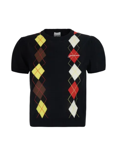 GANNI argyle-pattern logo-embroidered t-shirt