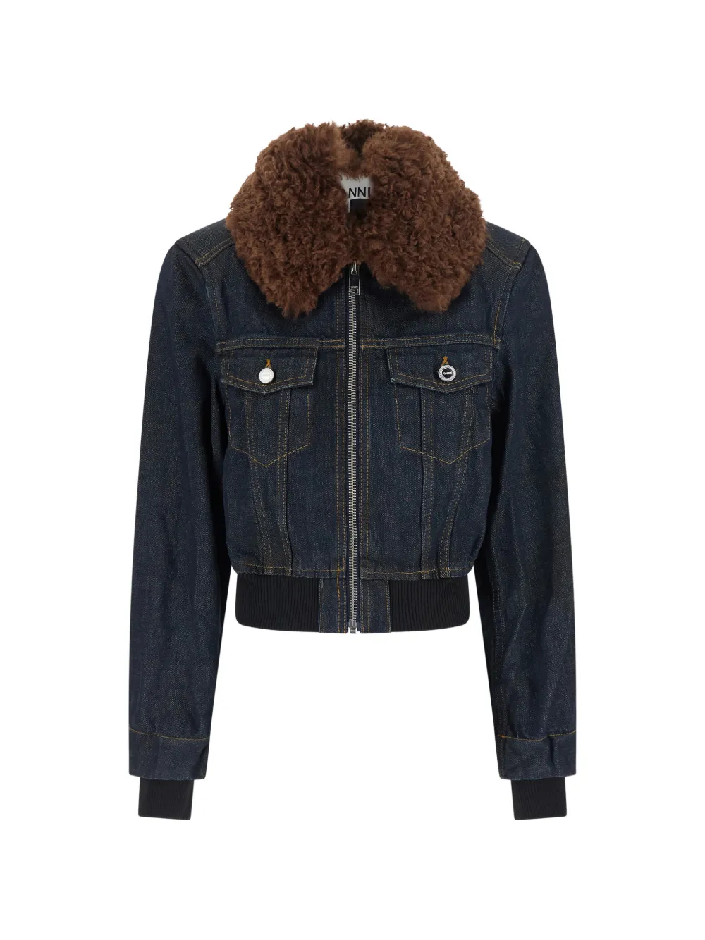GANNI shearling-collar zip-up denim jacket Blauw