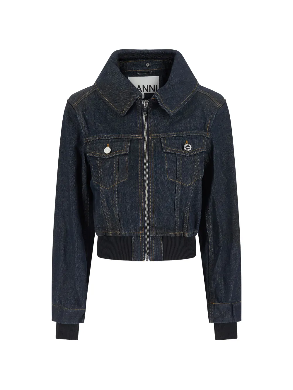 GANNI shearling-collar zip-up denim jacket Blauw