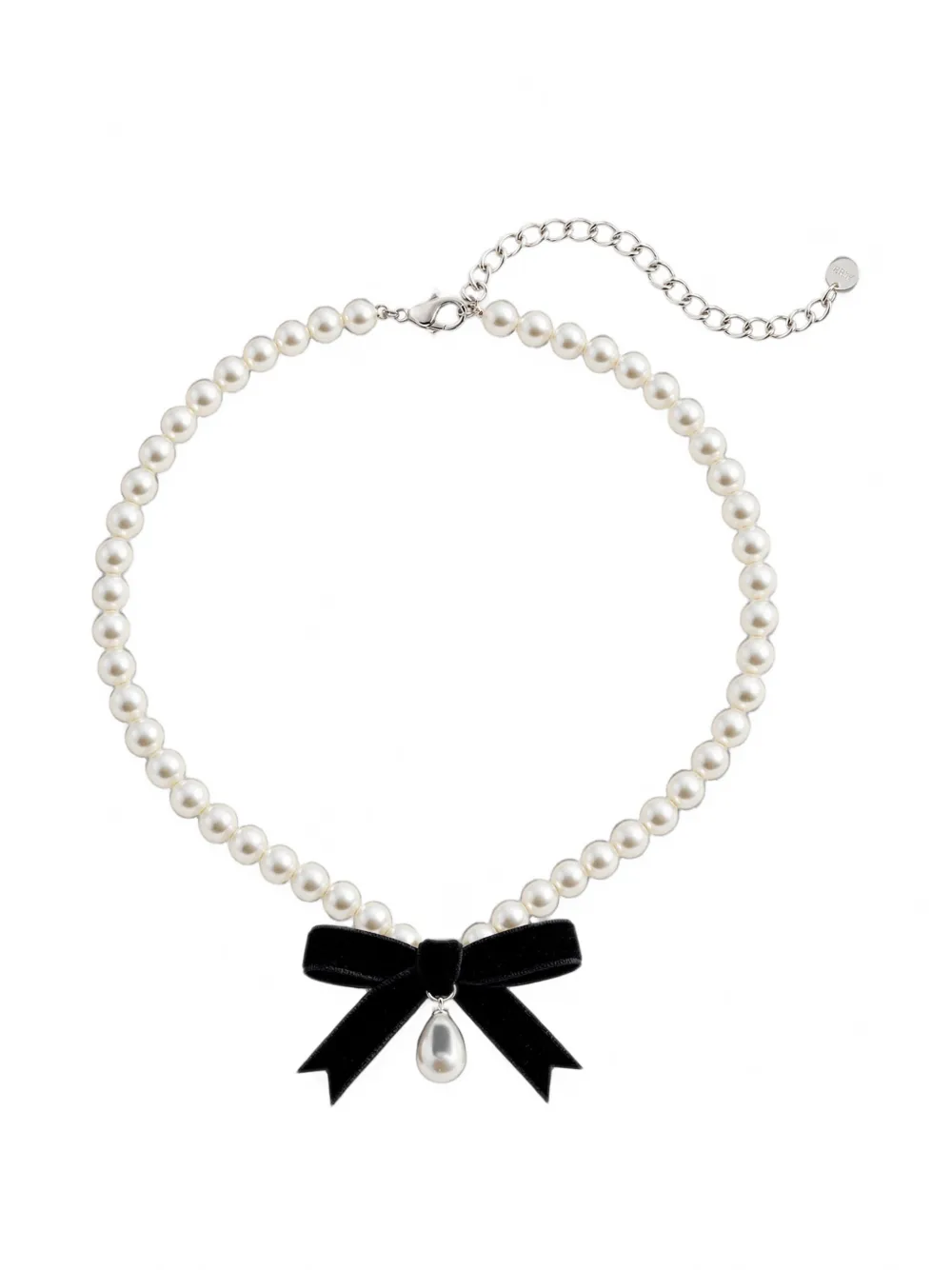Self-Portrait velvet bow-pendant faux-pearl necklace - Bianco