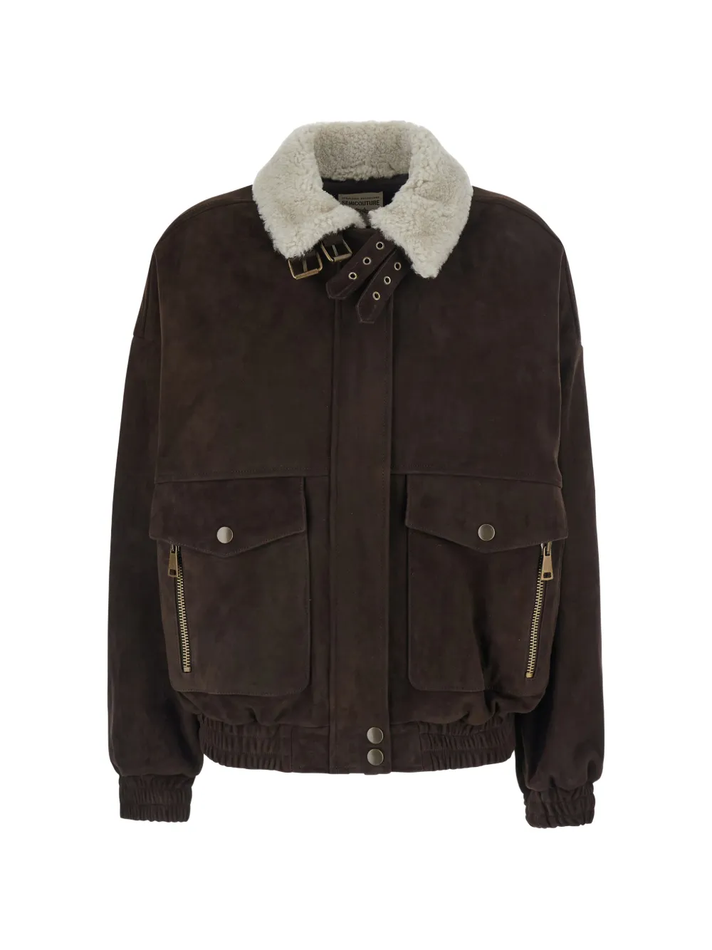 Semicouture Gloria shearling-collar buckled-strap jacket - Marrone
