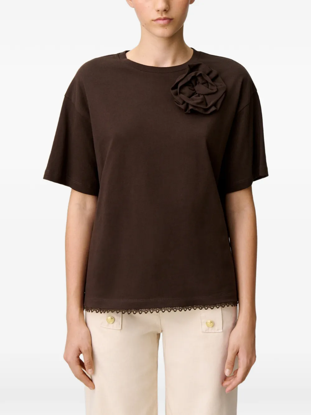 Claudie Pierlot Jersey T-shirt met bloemen Bruin