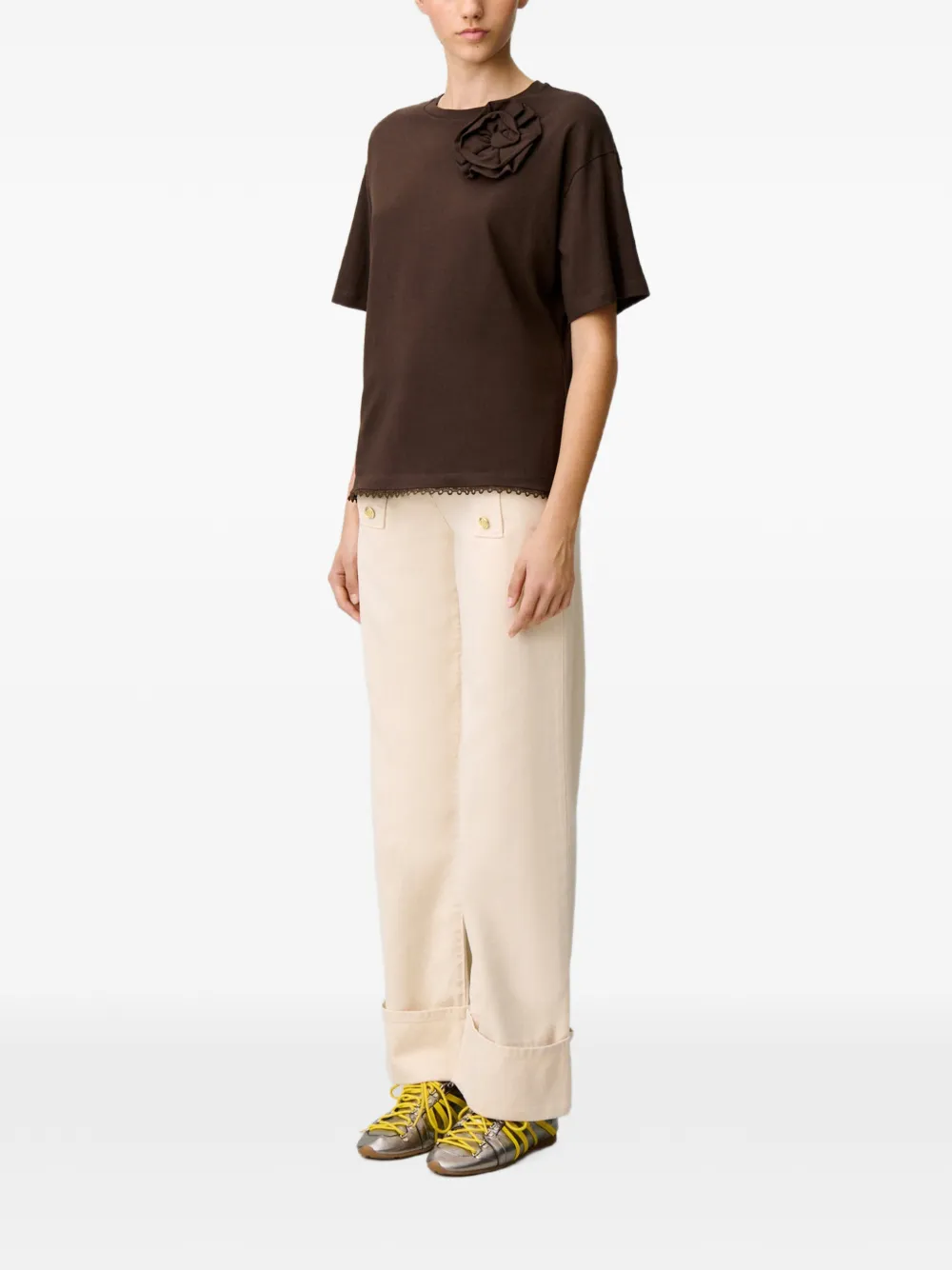 Claudie Pierlot Jersey T-shirt met bloemen Bruin