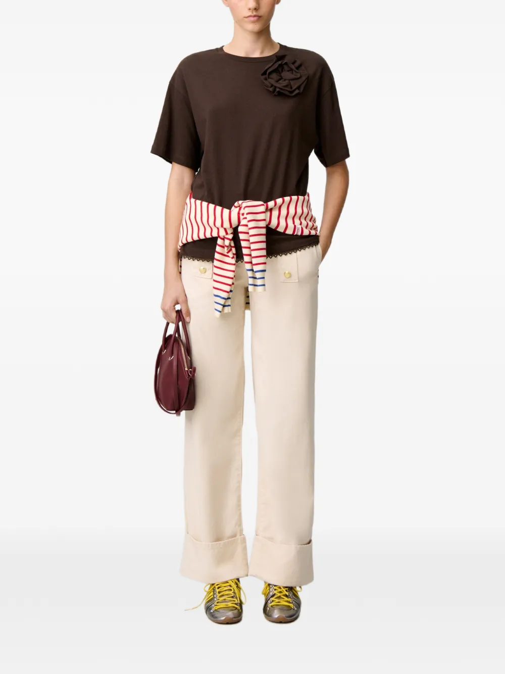 Claudie Pierlot Jersey T-shirt met bloemen Bruin