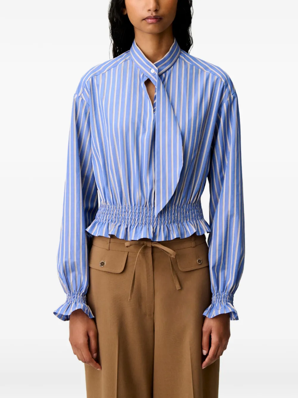 Claudie Pierlot Gestreepte popeline top met gestrikte hals Blauw