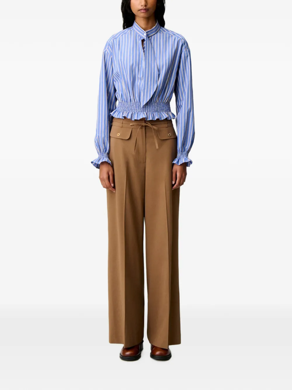 Claudie Pierlot Gestreepte popeline top met gestrikte hals Blauw