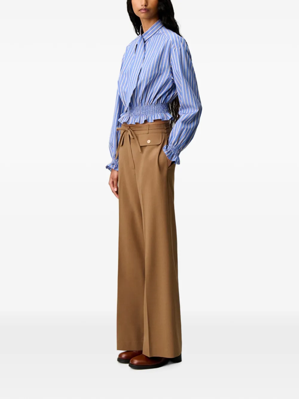 Claudie Pierlot Gestreepte popeline top met gestrikte hals Blauw