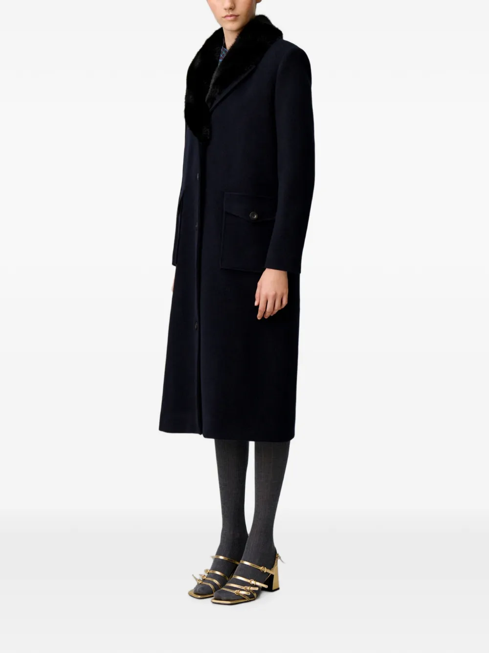 Claudie Pierlot Lange wollen jas met kraag van imitatiebont Blauw