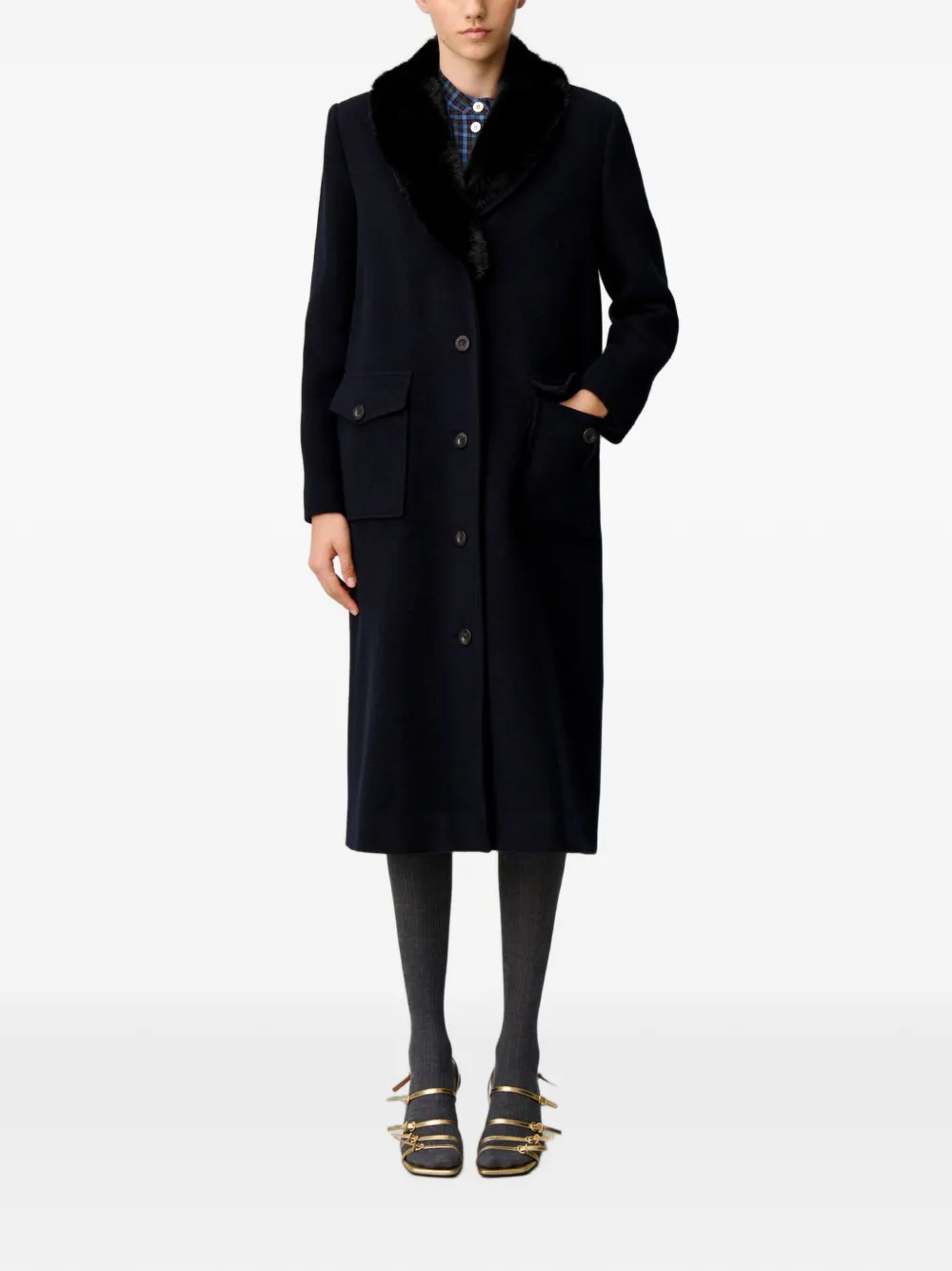 Claudie Pierlot Lange wollen jas met kraag van imitatiebont Blauw