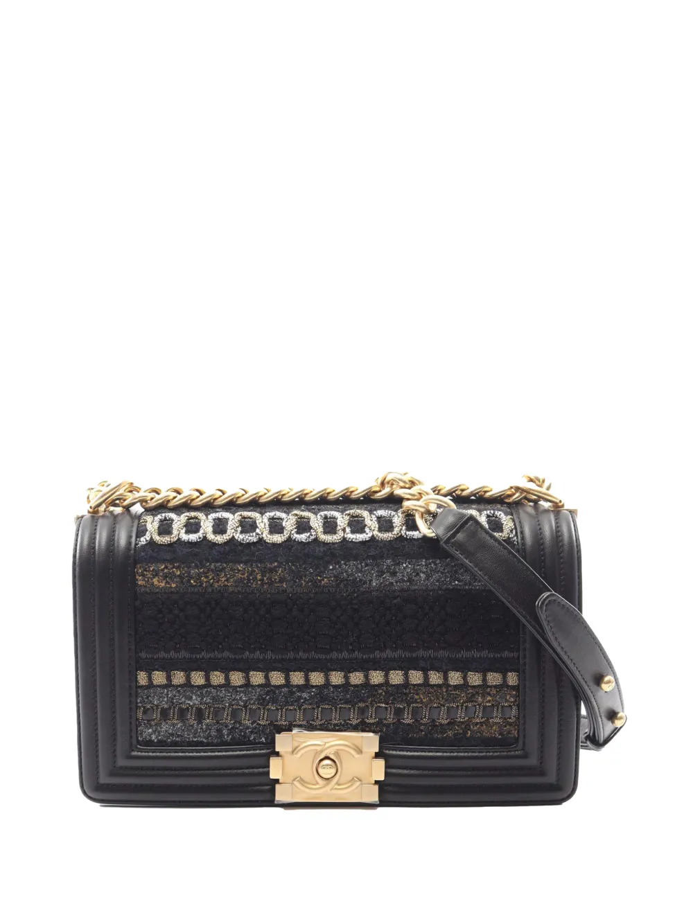 CHANEL Pre-Owned 2016-2017 Mini Quilted Tweed and Lambskin Boy Flap crossbody bag - Nero