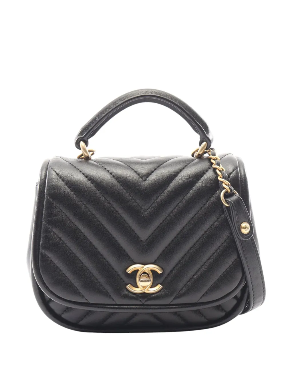 CHANEL Pre-Owned 2017-2018 Mini Reverse Quilted Chevron Lambskin Round satchel - Schwarz