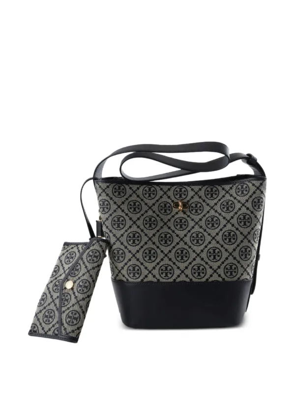 Tory Burch T Monogram Leather-trim Bucket Bag in Neutrals