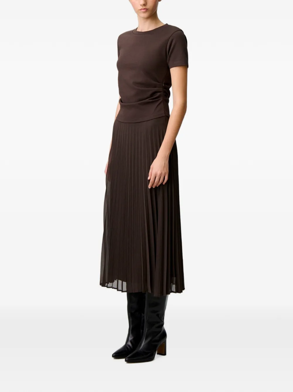 Claudie Pierlot Geplooide jurk van twee materialen Bruin