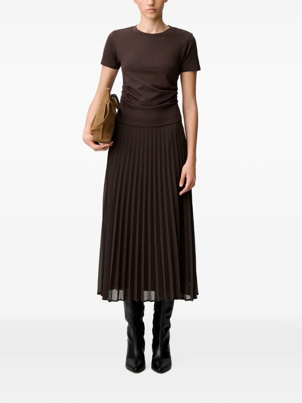 Claudie Pierlot Geplooide jurk van twee materialen Bruin