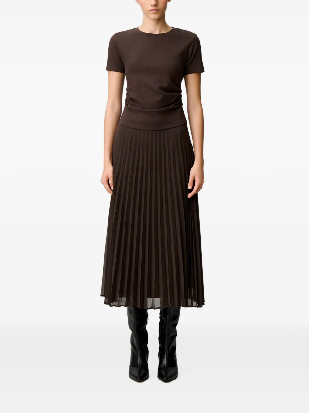 Claudie Pierlot Geplooide jurk van twee materialen Bruin