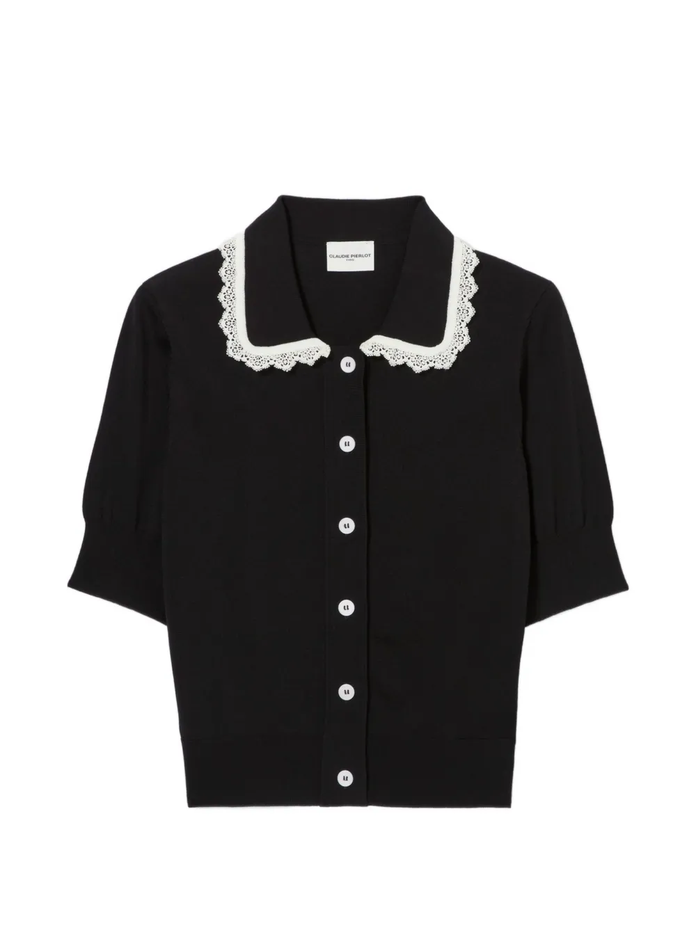 Claudie Pierlot Kurzärmeliger Cardigan mit Spitzenbesatz - Schwarz