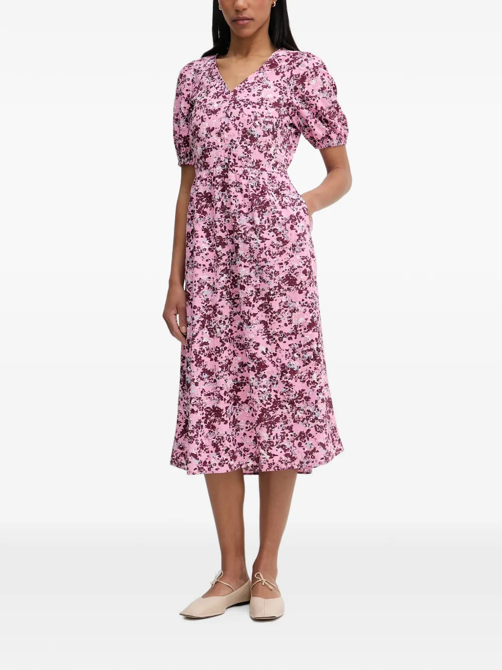 Marc O'Polo floral-print puff-sleeve midi dress Roze