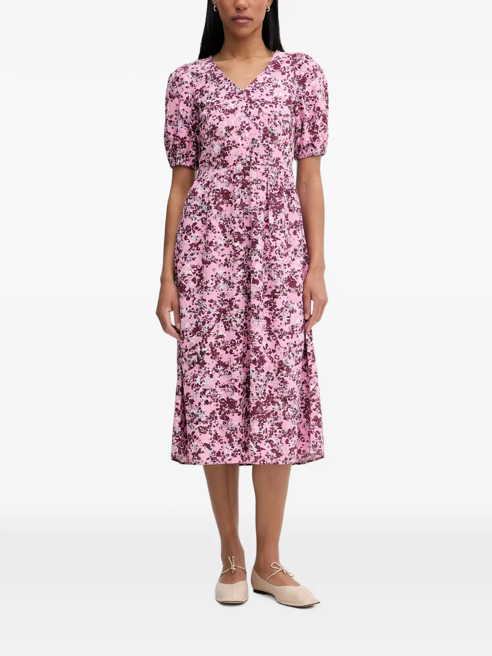 Marc O'Polo floral-print puff-sleeve midi dress Roze