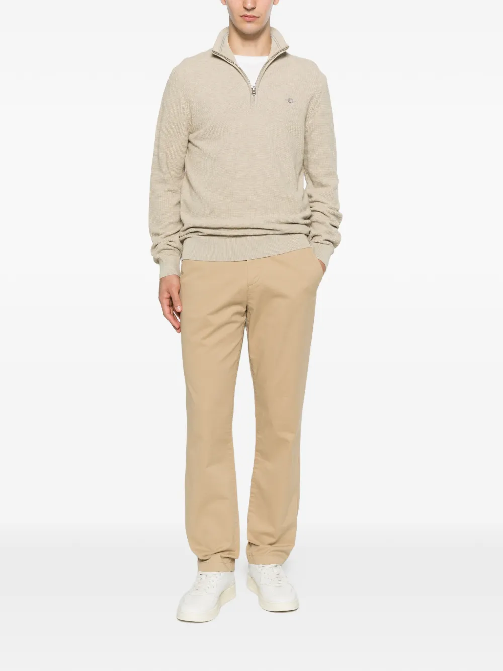 Gant Trui met geborduurd logo en kwartrits Beige