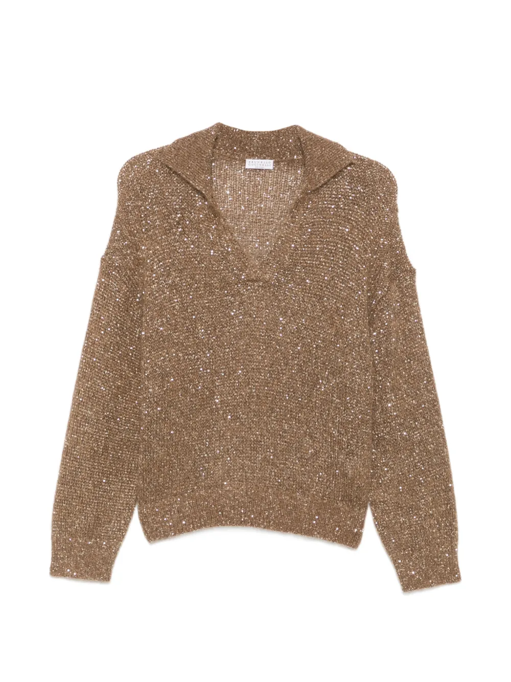 Brunello Cucinelli sequin-embellished polo-collar sweater - Brown