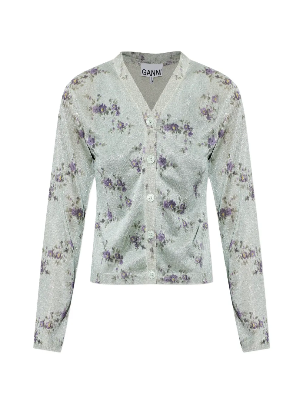 GANNI floral-print metallic-effect cardigan - Verde