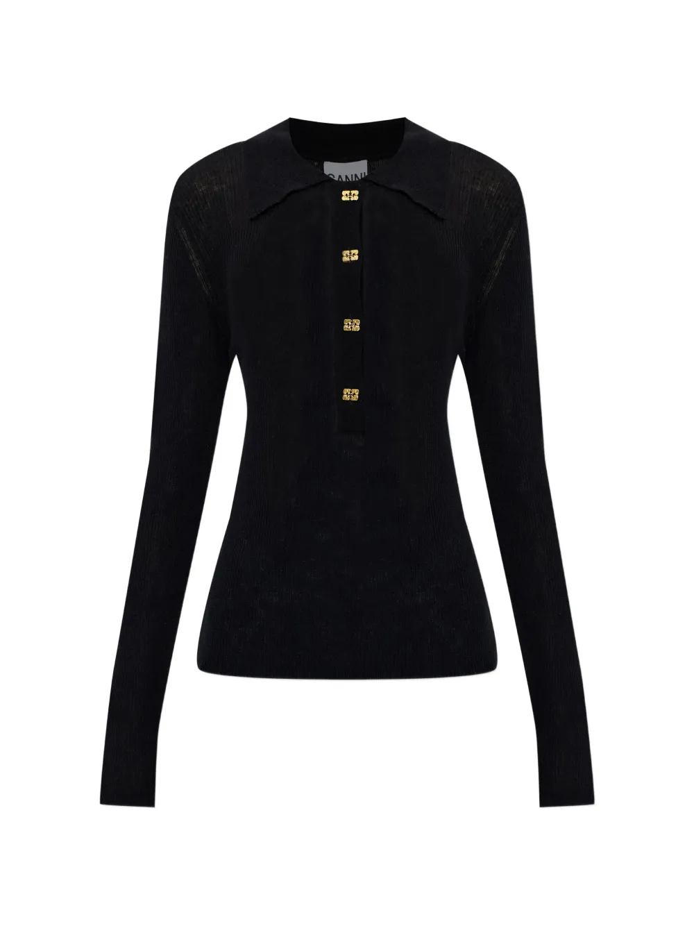 GANNI ribbed-knit polo top - Schwarz