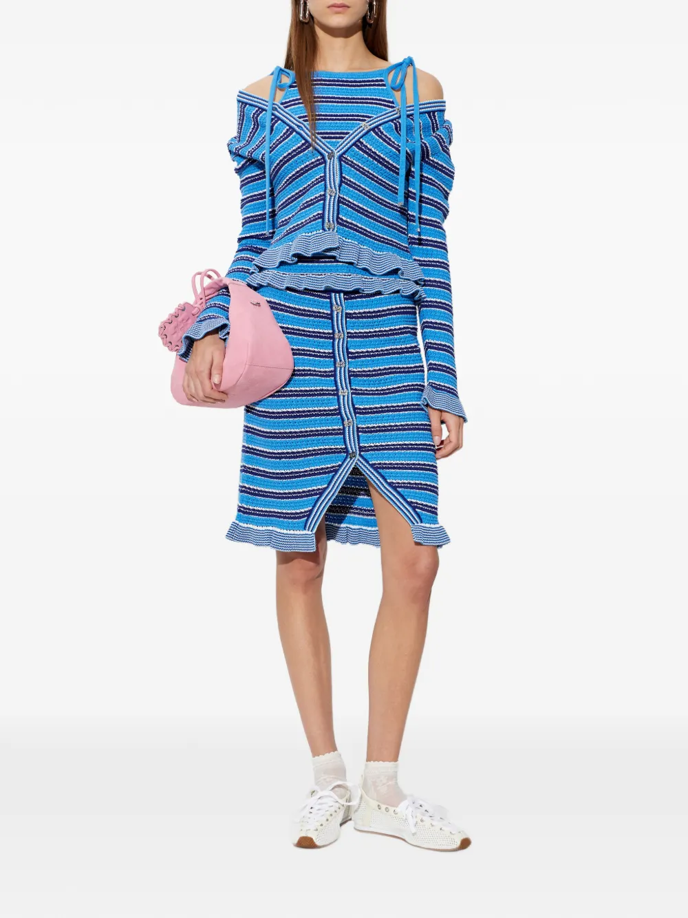 GANNI Gestreepte midi-rok met ruches Blauw